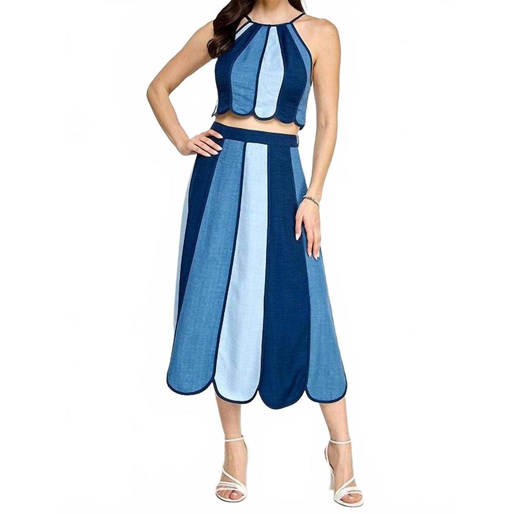 NEW MILK & HONEY color block halter neck top with midi skirt set in denim
